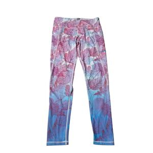 COOLOMG Womens‎ Pink Blue Ombre Leaf Print Yoga Leggings Pockets Size Medium